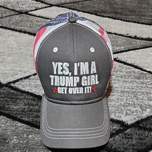 EMBROIDERED "YES, I'M A TRUMP GIRL GET OVER IT" AMERICAN FLAG MESH PRINT HAT